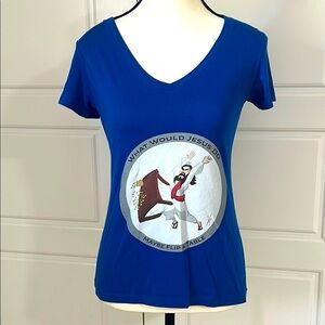 Women’s Blue Graphic V-Neck Short Sleeve Tee Jesus Flipping Table Christian